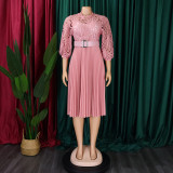 Lace Crochet Hollow Out Pleated Patchwork Dress GCZF-D254-C1