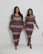 Stripe Print Long Sleeve Long Sleeve QODY-6019