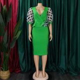 Patchwork Polka Dot Printed Bubble Sleeve Midi Dress GCZF-Q069-C1