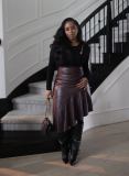 Irregular PU Splicing Half-body Leather Skirt QODY-6013