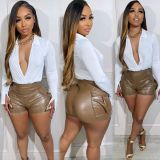 Fashion Pocket PU Leather Shorts GDIM-2402