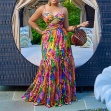 Plus Size Sexy Print Sling Big Swing Maxi Dress GCZF-8465