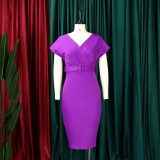 V Neck Solid Color Belt Midi Dress GCZF-8492P