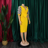 Patchwork Polka Dot Printed Bubble Sleeve Midi Dress GCZF-Q069-C1