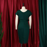 V Neck Solid Color Belt Midi Dress GCZF-8492P