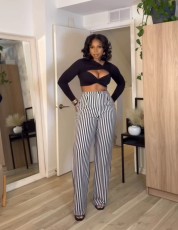 Black Stripe High Waist Wide Leg Pants QODY-6022