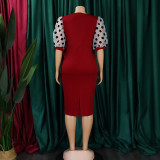 Patchwork Polka Dot Printed Bubble Sleeve Midi Dress GCZF-Q069-C1