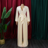 Plus Size V Neck Tie Up Pleated Solid Jumpsuit GCZF-C8468