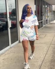 Letter Print Short Sleeve Two Piece Shorts Set GDIM-8021