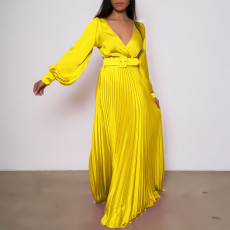 Solid Color V Neck Belt Maxi Dress GCZF-8554