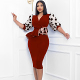 Patchwork Polka Dot Printed Bubble Sleeve Midi Dress GCZF-Q069-C1