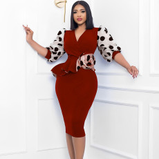 Patchwork Polka Dot Printed Bubble Sleeve Midi Dress GCZF-Q069-C1