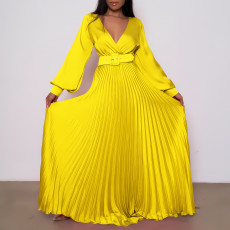 Solid Color V Neck Belt Maxi Dress GCZF-8554