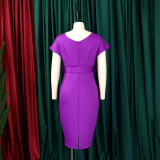 V Neck Solid Color Belt Midi Dress GCZF-8492P
