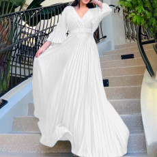 V Neck Press Pleated Big Swing Gown Long Dress GCZF-C8478