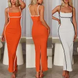 Sexy Sling Contrast Color Slim Long Dress QODY-6025