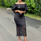 Lace Patchwork One Neck Midi Dress GCZF-D247-B2