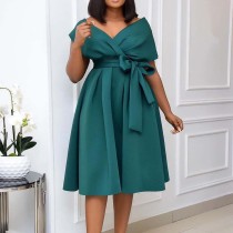 V-neck Pleated Tie Up Sexy Midi Dress GCZF-8483