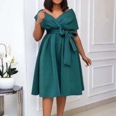 V-neck Pleated Tie Up Sexy Midi Dress GCZF-8483