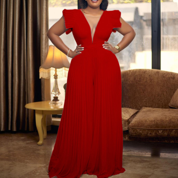Mesh Splicing Solid Color Wide Leg Jumpsuit GCZF-8471