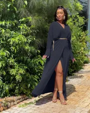 Long Sleeve V Neck Irregular Maxi Dress(Without Belt) QODY-6002