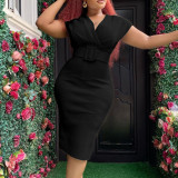 V Neck Solid Color Belt Midi Dress GCZF-8492P