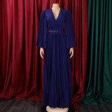 V Neck Press Pleated Big Swing Gown Long Dress GCZF-C8478