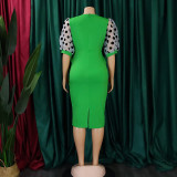 Patchwork Polka Dot Printed Bubble Sleeve Midi Dress GCZF-Q069-C1