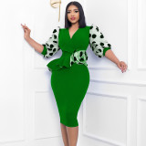 Patchwork Polka Dot Printed Bubble Sleeve Midi Dress GCZF-Q069-C1