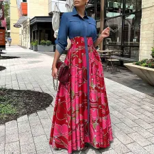 Denim Patchwork Print Big Swing Maxi Dress GCZF-8551