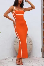 Sexy Sling Contrast Color Slim Long Dress QODY-6025