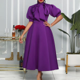 Tie Up Bow Solid Color Mid-Length Dress GCZF-8481