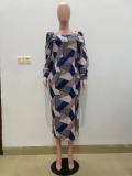 Casual Print Long Sleeve Split Midi Dress QODY-6008