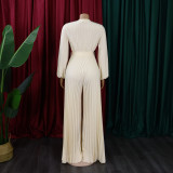 Plus Size V Neck Tie Up Pleated Solid Jumpsuit GCZF-C8468