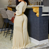 Plus Size V Neck Tie Up Pleated Solid Jumpsuit GCZF-C8468