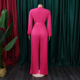 Plus Size V Neck Tie Up Pleated Solid Jumpsuit GCZF-C8468