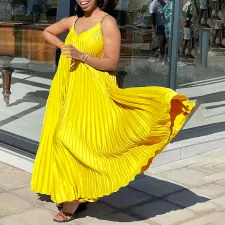 Solid Color Press Pleated Sling Maxi Dress GCZF-8571