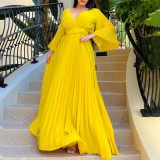 V Neck Press Pleated Big Swing Gown Long Dress GCZF-C8478