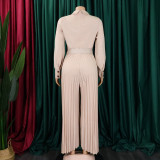Solid Color Long Sleeve Belt Loose Jumpsuit GCZF-8504