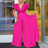 Deep V Pressure Pleat Wide Leg Jumpsuit(With Belt) GCZF-8520P