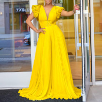 Deep V Pressure Pleat Wide Leg Jumpsuit(With Belt) GCZF-8520P