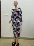 Casual Print Long Sleeve Split Midi Dress QODY-6008