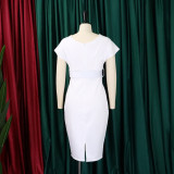 V Neck Solid Color Belt Midi Dress GCZF-8492P