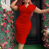 V Neck Solid Color Belt Midi Dress GCZF-8492P