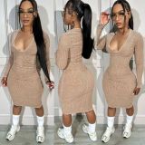 Long Sleeve V Neck Midi Dress GDIM-8040