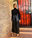 Split Half PU Leather Skirt(With Belt) QODY-6005
