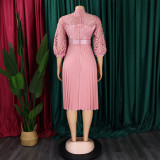 Lace Crochet Hollow Out Pleated Patchwork Dress GCZF-D254-C1