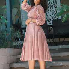 Lace Crochet Hollow Out Pleated Patchwork Dress GCZF-D254-C1