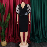 Patchwork Polka Dot Printed Bubble Sleeve Midi Dress GCZF-Q069-C1