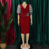 Patchwork Polka Dot Printed Bubble Sleeve Midi Dress GCZF-Q069-C1